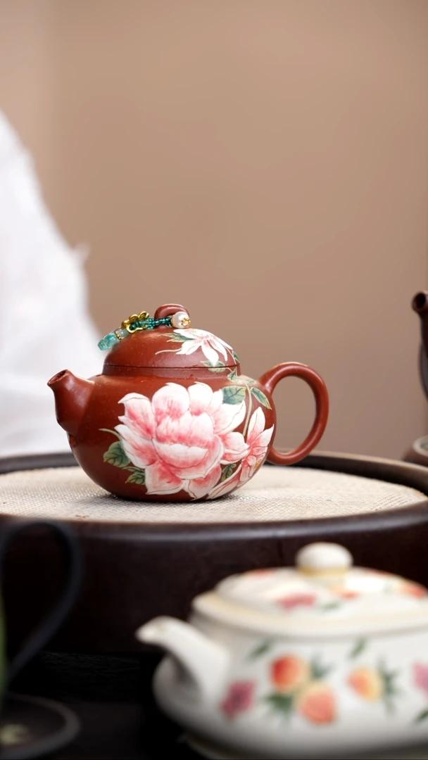 茶壶紫砂沫*降坡泥圆珠泥绘牡丹