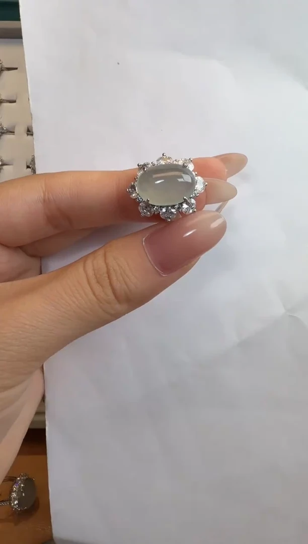 银S925镶嵌戒指翡翠通体925银镶缅甸A货翡翠戒指