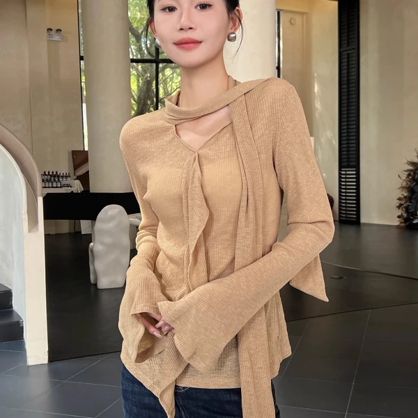 卡其色打底衫女内搭秋装2025新款飘带别致长袖t恤外穿上衣高级感