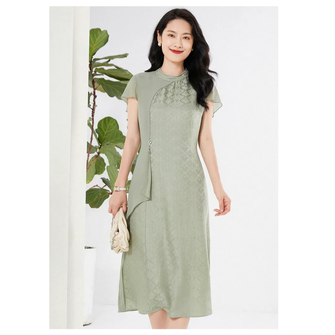 乔万尼真丝花罗桑蚕丝连衣裙夏季新款小飞袖旗袍设计EF2E313403