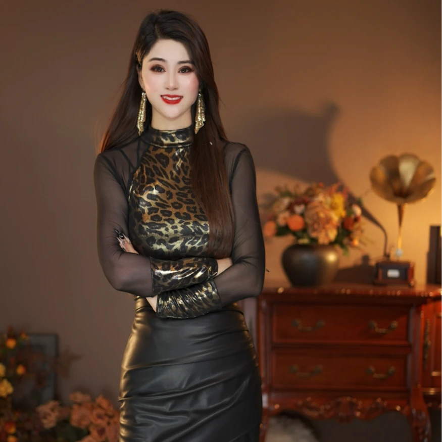 谢5961拼接网纱长袖T恤女春秋新款气质修身显瘦内搭打底衫上衣