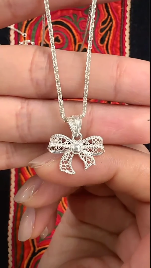 无坠链均足银足银花丝蝴蝶结套链