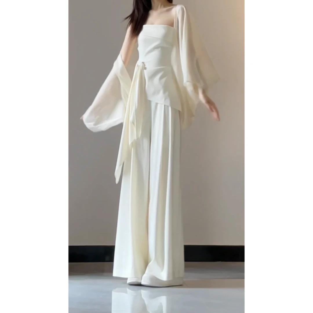 parkyeon法式系带抹胸无袖上衣休闲衬衣直筒长裤子套装女春夏季