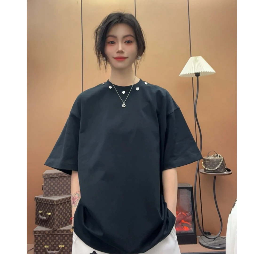 【周晚晚】2025春夏新款重磅美式T恤宽松圆领黑色轻奢落肩短袖