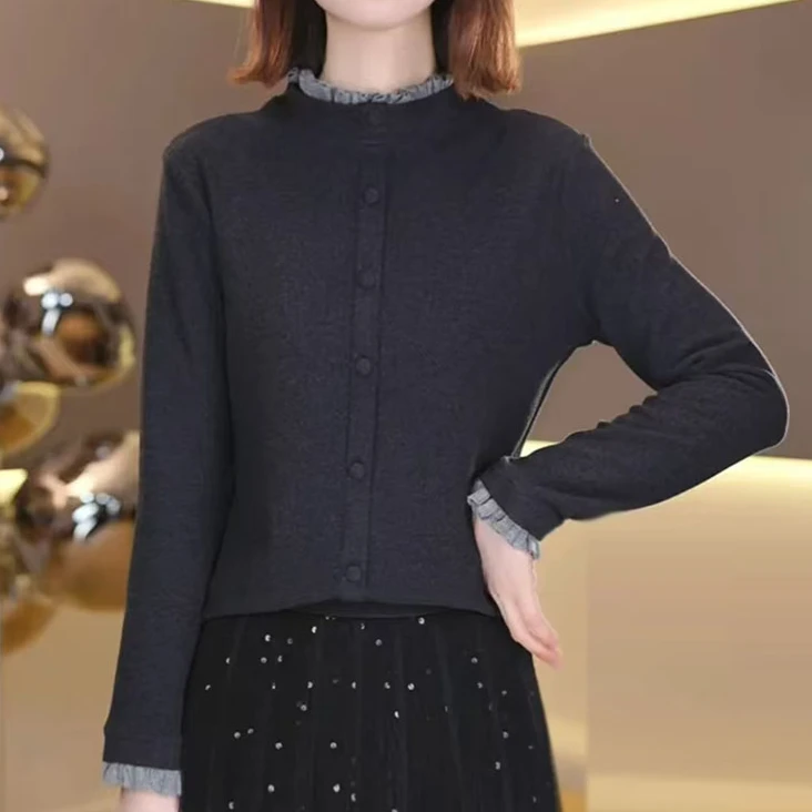 冬季新款气质设计感打底衫女木耳花边领上衣长袖T恤