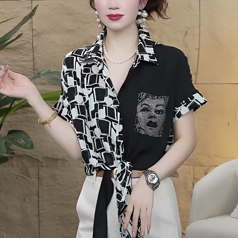 【歌莱图】2025夏季新款印花时尚拼色短袖T恤修身百搭上衣#6688