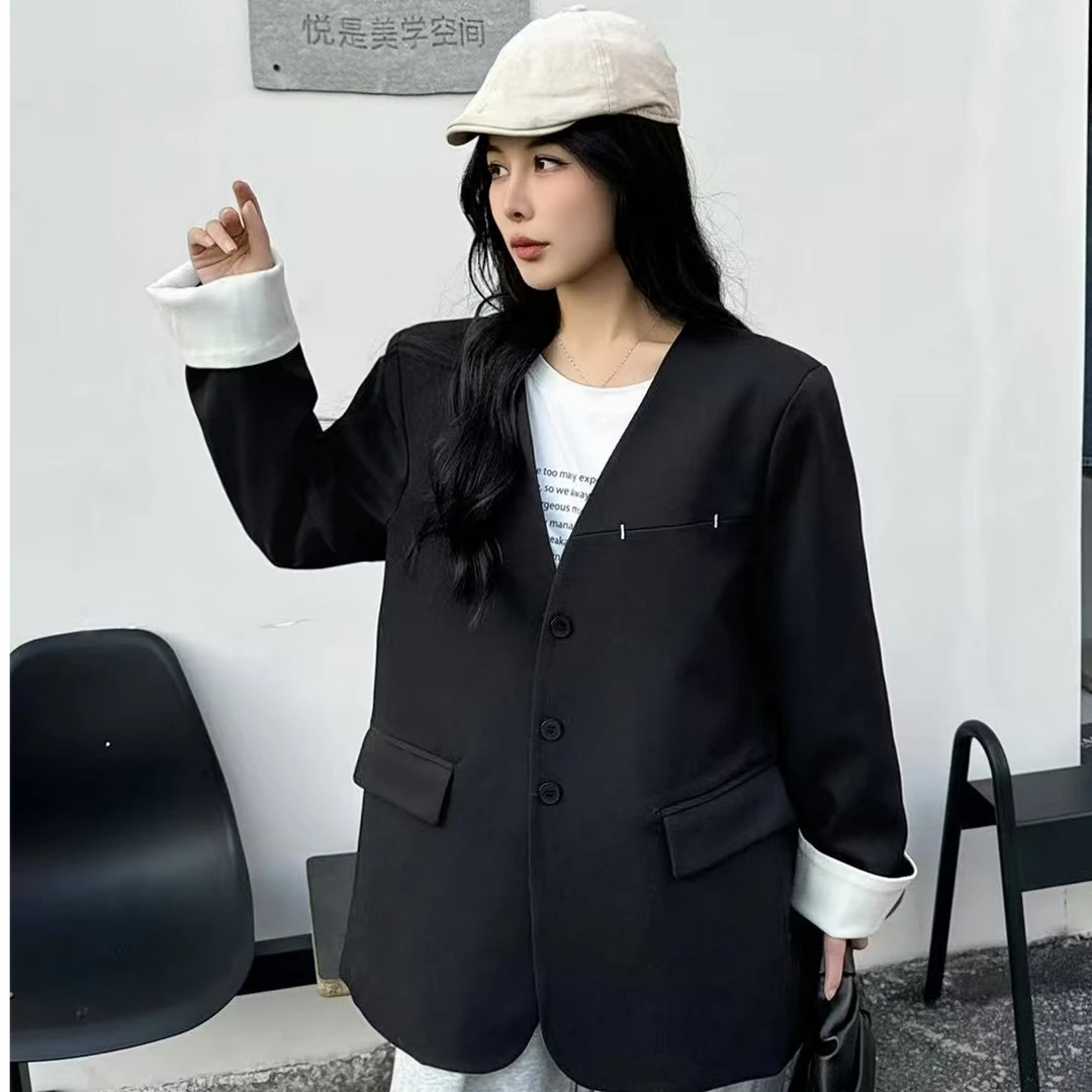 85005#春季小众设计感无领西装外套女2025新款西服