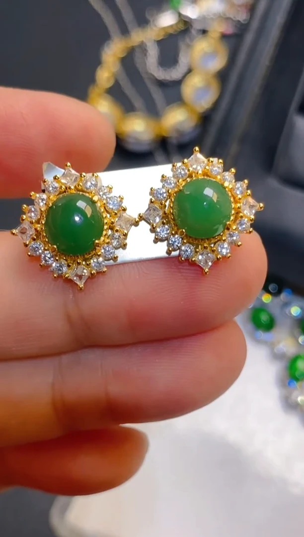 翡翠银S925镶嵌耳饰天然