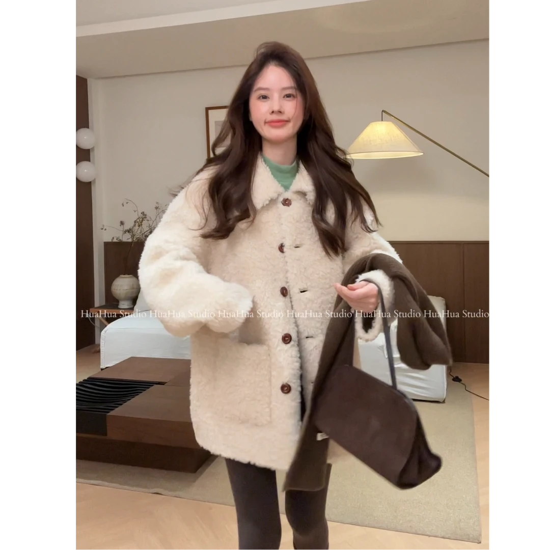 【花花】小羊托卡~慵懒风宽松羊毛设计时尚秋冬加厚皮毛一体外套