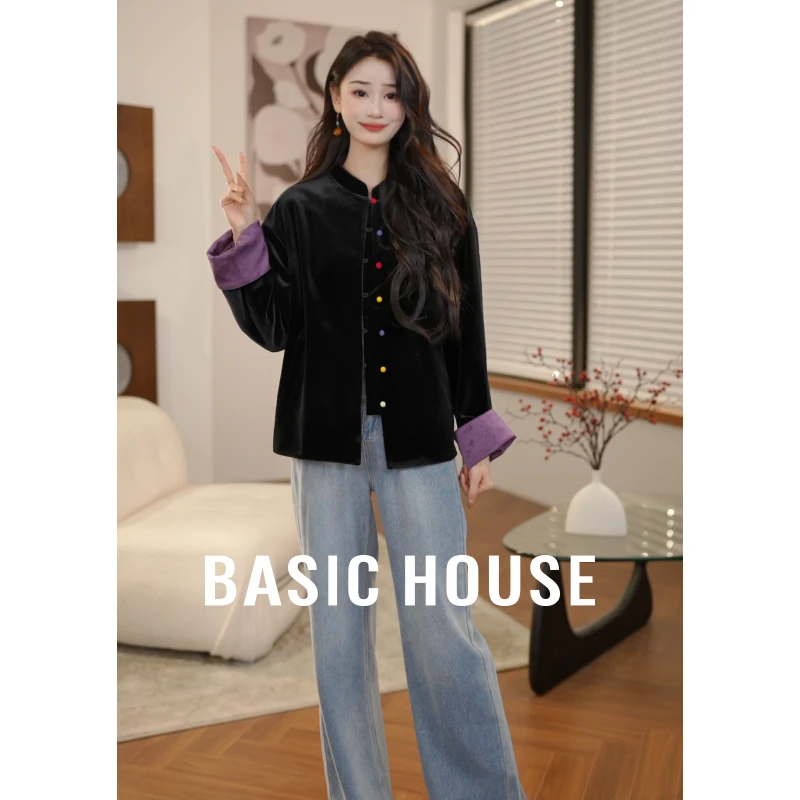 Basic House/百家好新中式春秋厚款复古宽松拼接上衣B1195B5X202