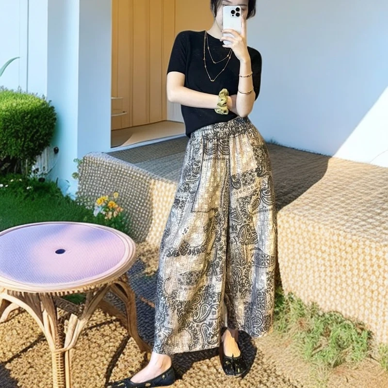 夏季新款复古印花棉绸薄款阔腿裤子女宽松显瘦大码休闲直筒弯刀裤