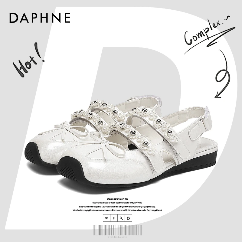 达芙妮网红爆款包头珍珠蝴蝶结玛丽珍鞋2025夏季法式凉鞋女魔术贴