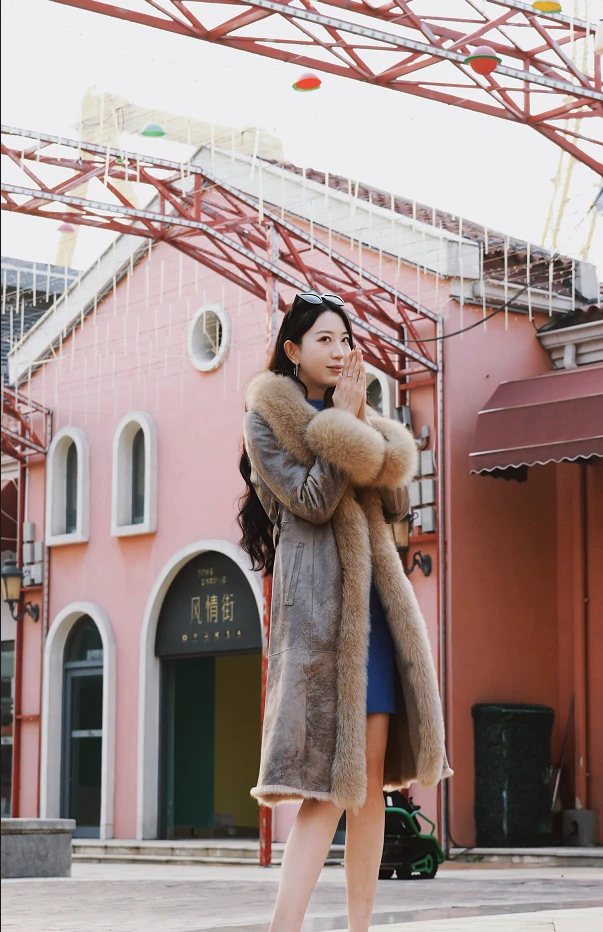 秋冬新款狐狸毛领皮草外套修身保暖气质长款兔皮毛一体皮草外套