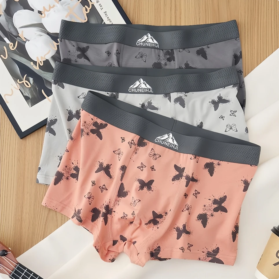 新款纯棉男士内裤男款款蝴蝶花透气潮流平角裤时髦小姨风男生内裤