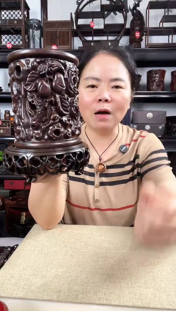 木新款3+寿桃笔筒老李红木工艺品
