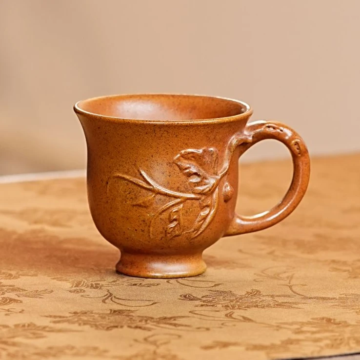 宜兴原矿紫砂南瓜贴花老柴烧手把杯茶杯茶具 185