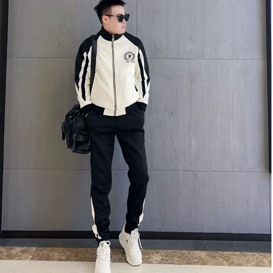 高级感拼接休闲套装男士春秋时尚百搭青年帅气宽松外套长裤两件套