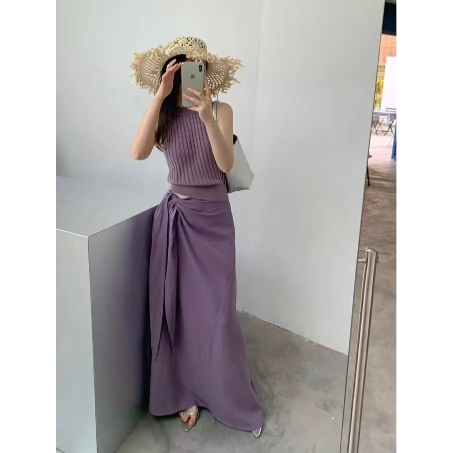 法式气质无袖针织背心侧面绑腰绳设计半裙两件套女夏季穿搭一整套