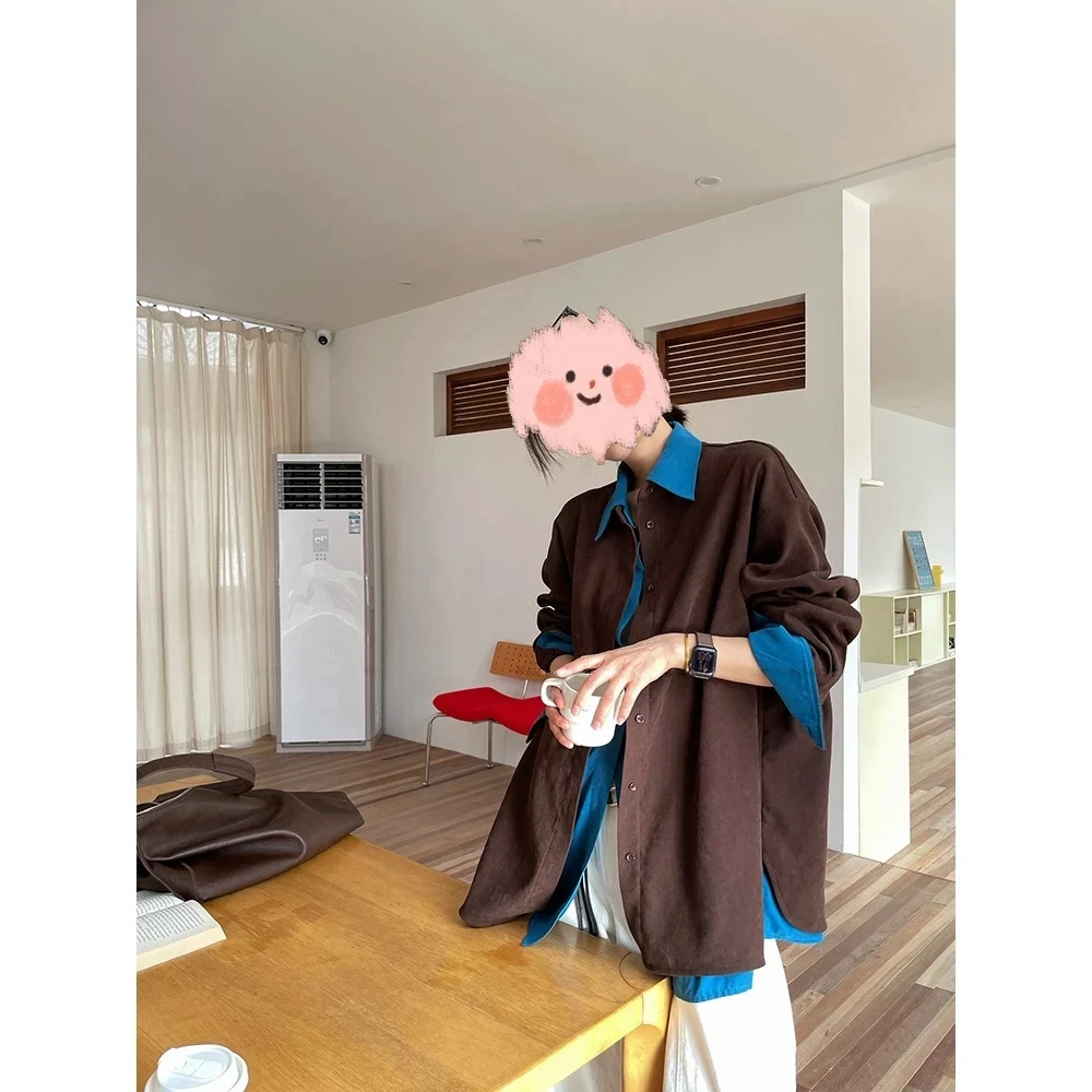 【墨咖深海】咖色撞色拼接假两件廓形中长款衬衫百搭小众设计女装
