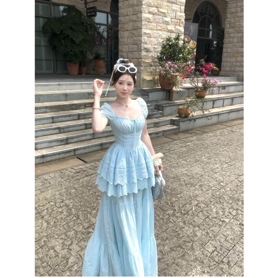 【梦幻蓝晶】法式少女纯欲A字海边度假风蓬蓬假两件连衣裙