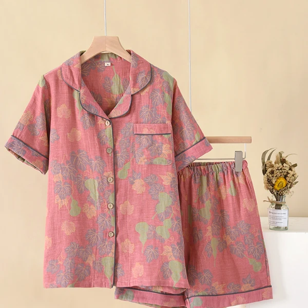 纯棉色织提花短袖款小翻领家居服套装夏季款时尚全棉宽松女士