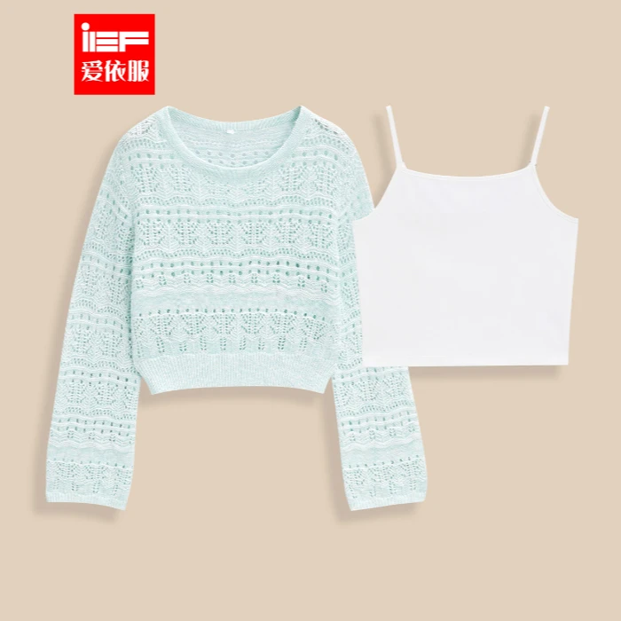 IEF/爱依服2025春季新款时尚镂空罩衫温柔别致设计短款两件套上衣