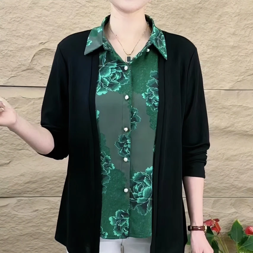 春秋新款春装时尚妈妈装长袖气质假两件衬衣宽松显瘦百搭衣服上衣