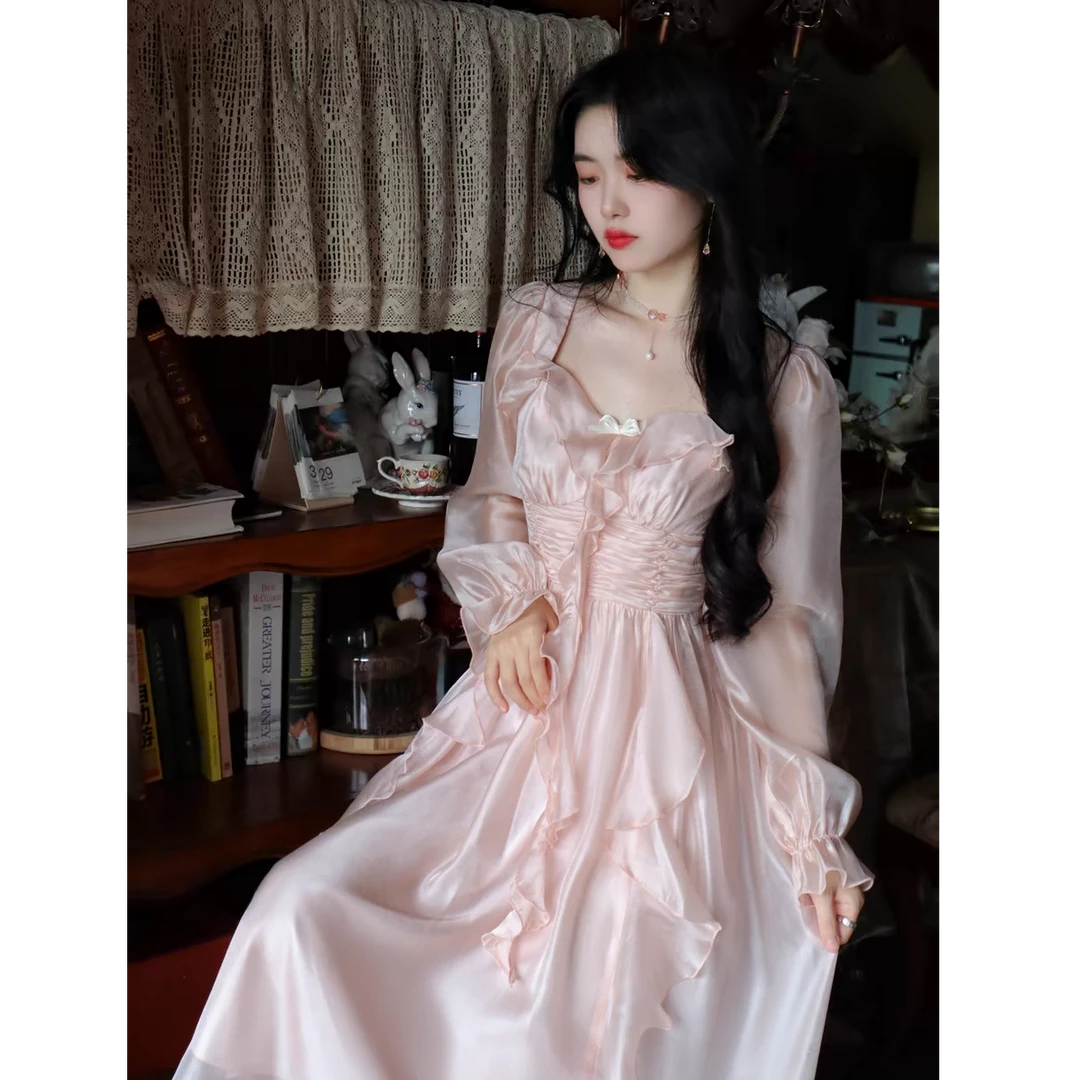 大码法式复古仙气优雅宫廷春季连衣裙长袖高腰显瘦甜美裙子10860