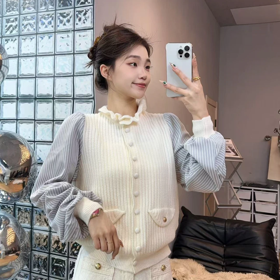 【编号10】百搭时尚韩版拼接衬衫假两件毛衣开衫 2025年春季新款