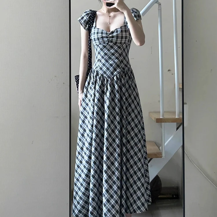 【现货+运补】法式高级格子连衣裙女夏季设计收腰气质长裙清仓D393