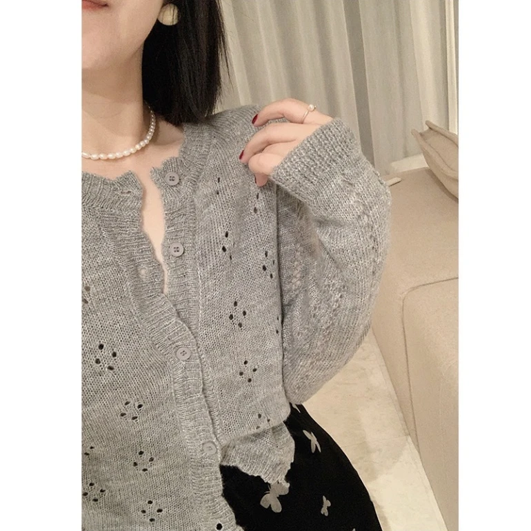 3035【烟灰钩花小开衫】春季新款气质毛衣外套女士宽松慵懒风上衣