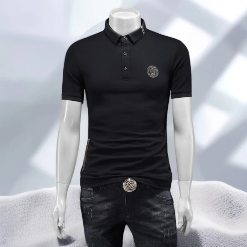 宾斯洛特时尚休闲男士潮流刺绣修身翻领半截袖T恤商务正装体恤衫