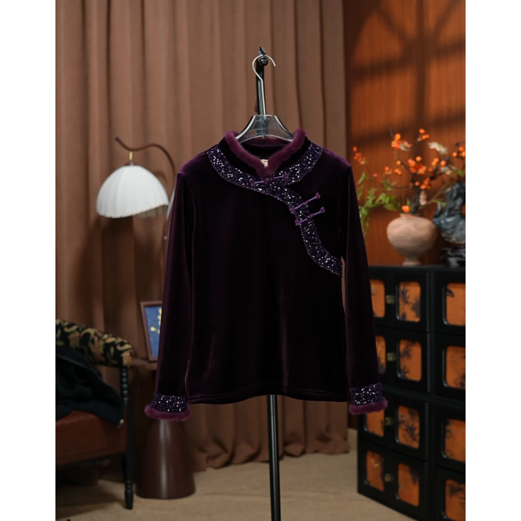 【东方紫韵】高档冬季新款加绒加厚时尚洋气百搭遮肉显瘦上衣