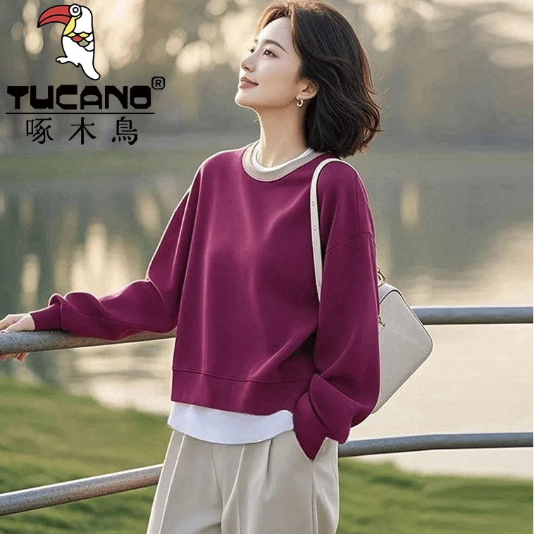 啄木鸟纯棉假两件套头卫衣女秋冬新款宽松外套洋气百搭中老年上衣