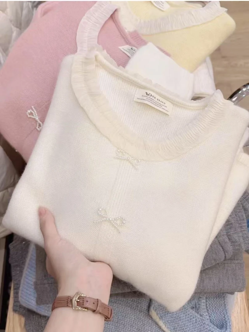 七言家 巨温柔！梨花白蕾丝钉珠蝴蝶结毛衣2