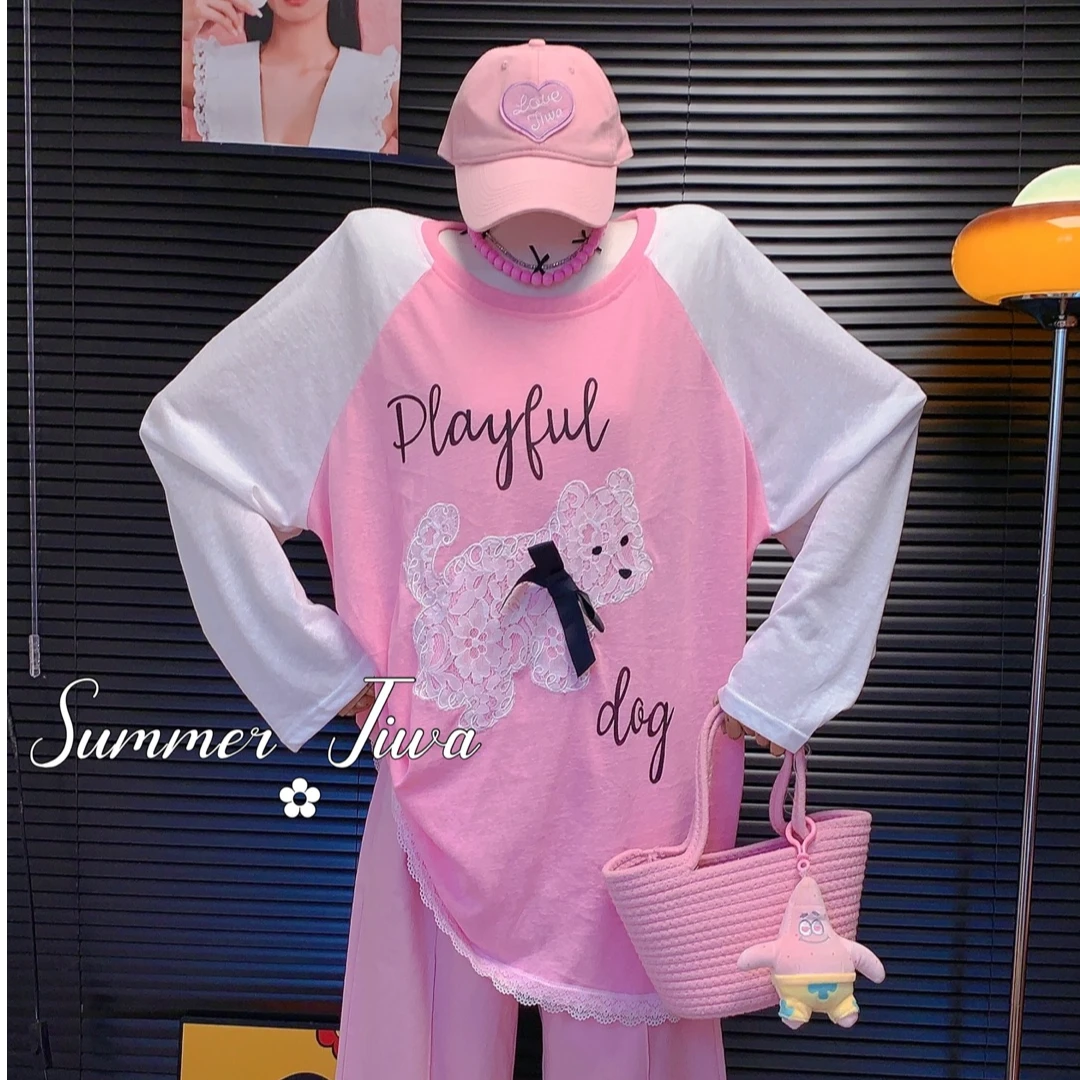 【纯熙+】31026夏季新款蕾丝小狗防晒T恤上衣女韩版宽松插肩袖罩衫
