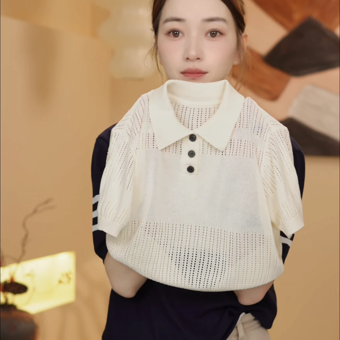 儿童夏季新款简约老钱风Polo衫镂空短袖男女童洋气透气