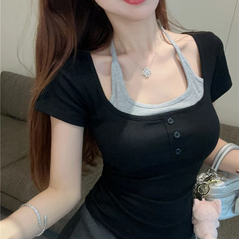 美式黑色方领短袖t恤女夏夏季修身短款挂脖露肩甜辣妹假两件上衣