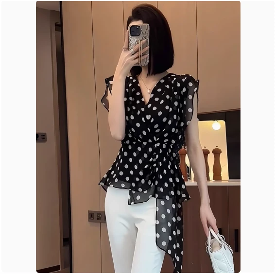 时尚优雅绝美黑色波点v领无袖网纱背心30-40岁品牌上档次女装