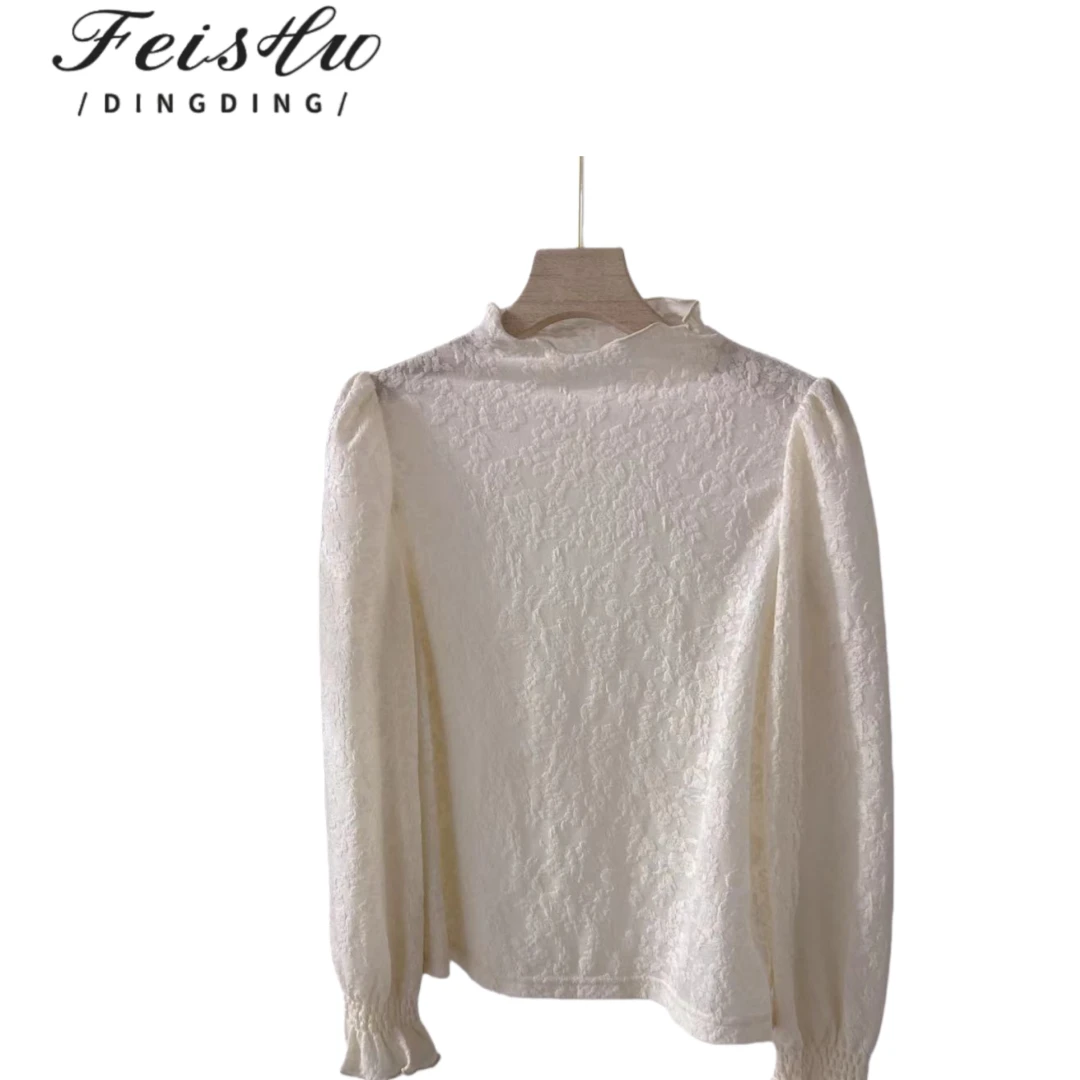 S668打底衫纯色半高领蕾丝衫半高领设计师