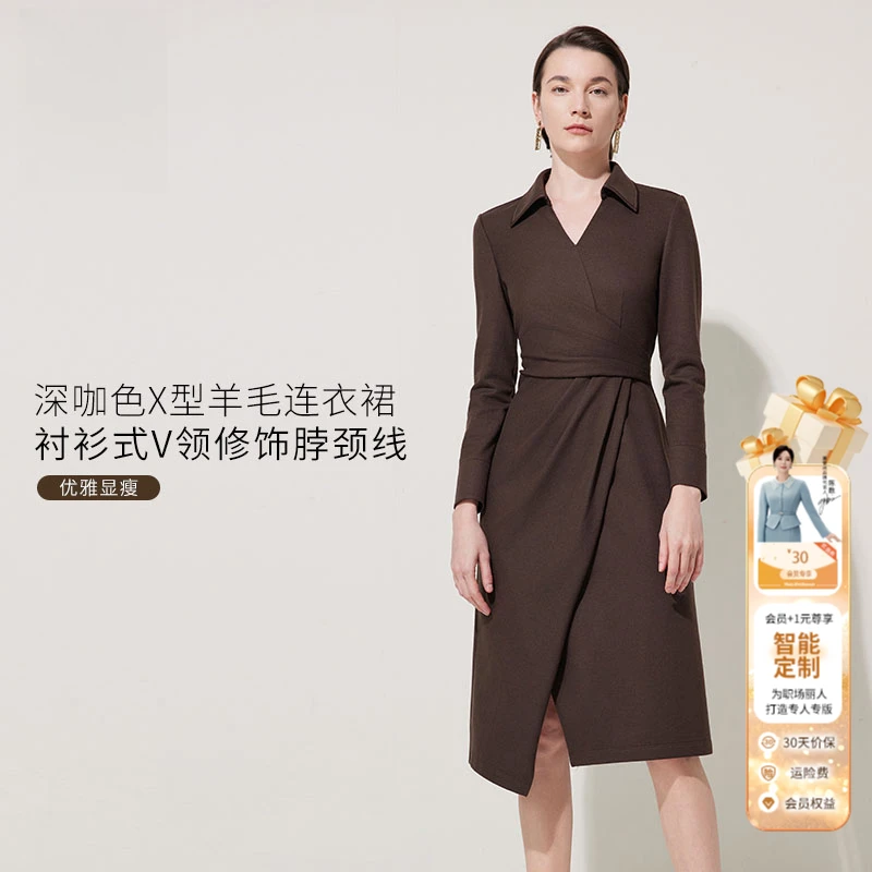 赢智尚深咖针织羊毛轻奢高档显瘦气质职场连衣裙长袖裙子ZF02726