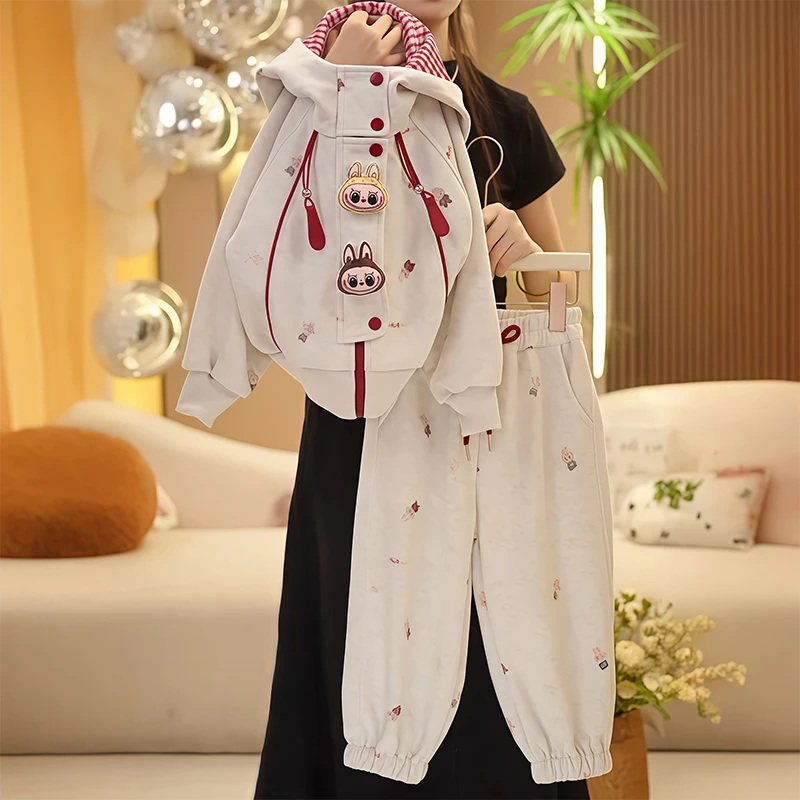 女童卡通格子连帽卫衣卫裤套装2025新款春秋运动拉布布外套束脚裤