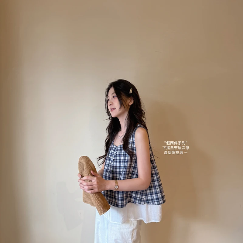 【闵笑一】楚蓝 小众设计夏季新款简约无袖格子衬衫女上衣