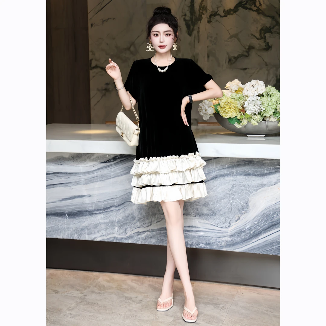 ZEROYK高级感真丝丝绒连衣裙女夏季名媛气质荷叶边撞色休闲小黑裙
