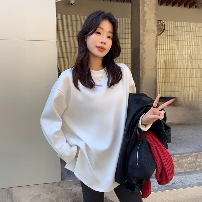 德绒慵懒风双面磨毛白色长袖T恤女秋冬2025新款胖MM开叉打底上衣