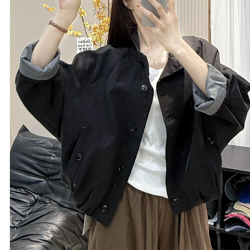 时尚英伦风立领夹克外套2025秋季新款宽松内里条纹设计短款上衣女