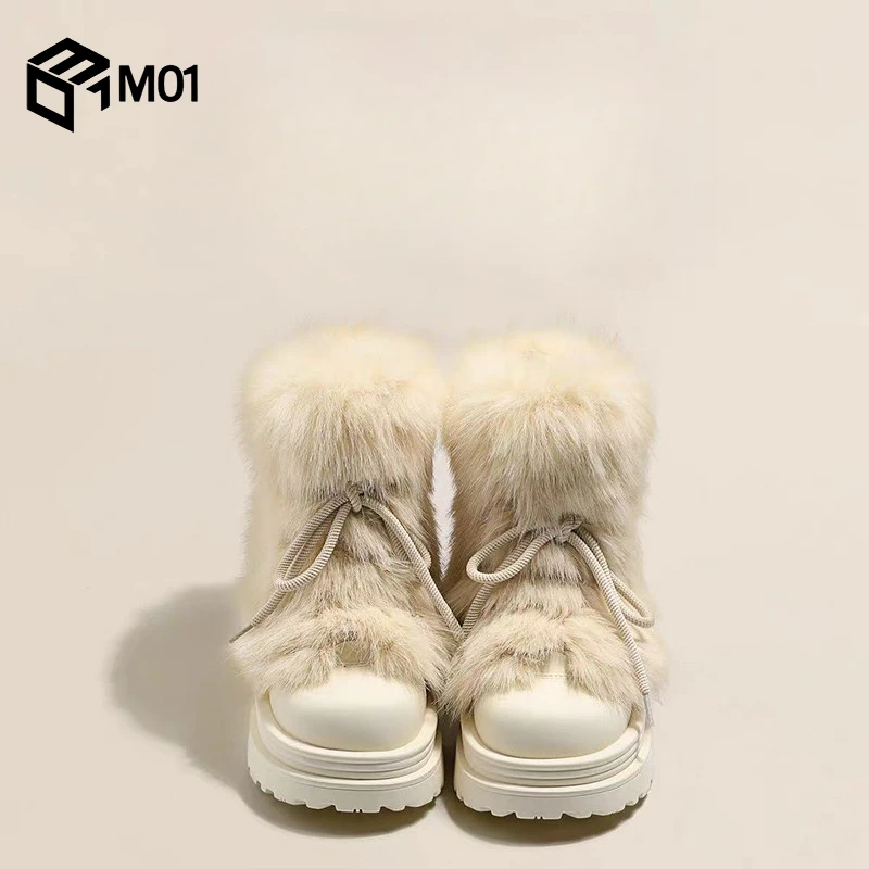 M01毛毛靴防滑雪地靴女秋冬加厚保暖中筒棉鞋厚底增高大头短靴子