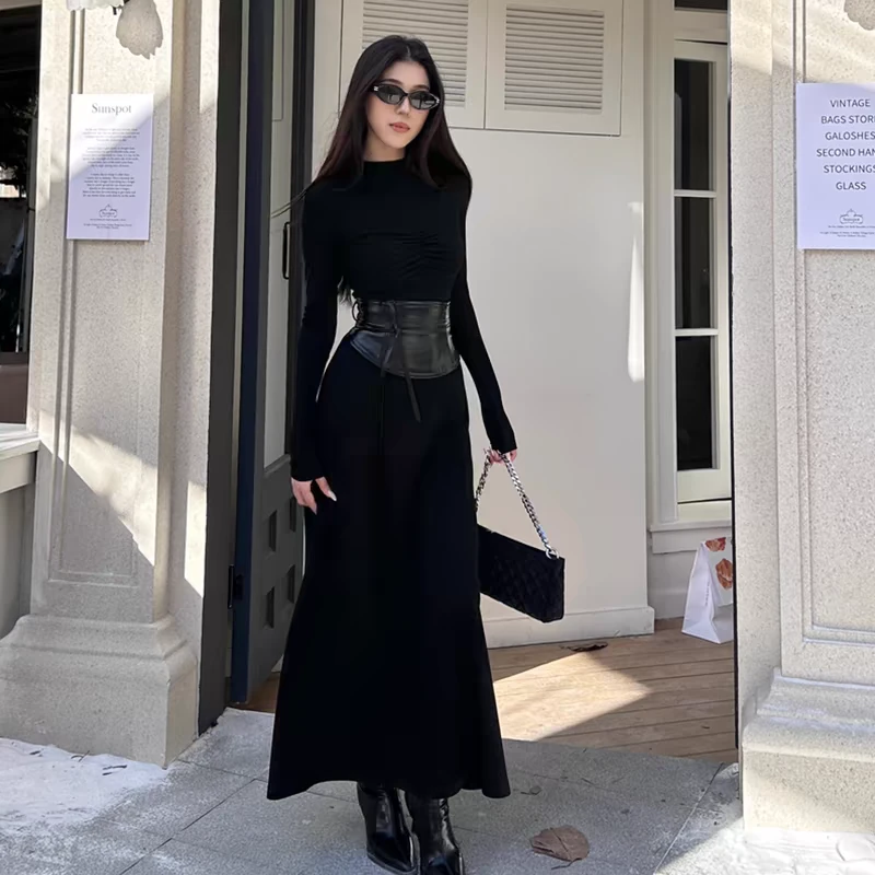 美式复古修身辣妹黑色时尚连衣裙女春秋季新款收腰显瘦年会长裙子