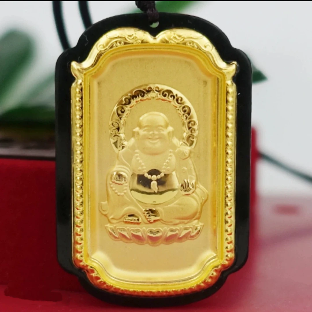 真金和田玉墨玉佛公弥勒佛气质大气搭配珠链证书礼盒镜面佛公