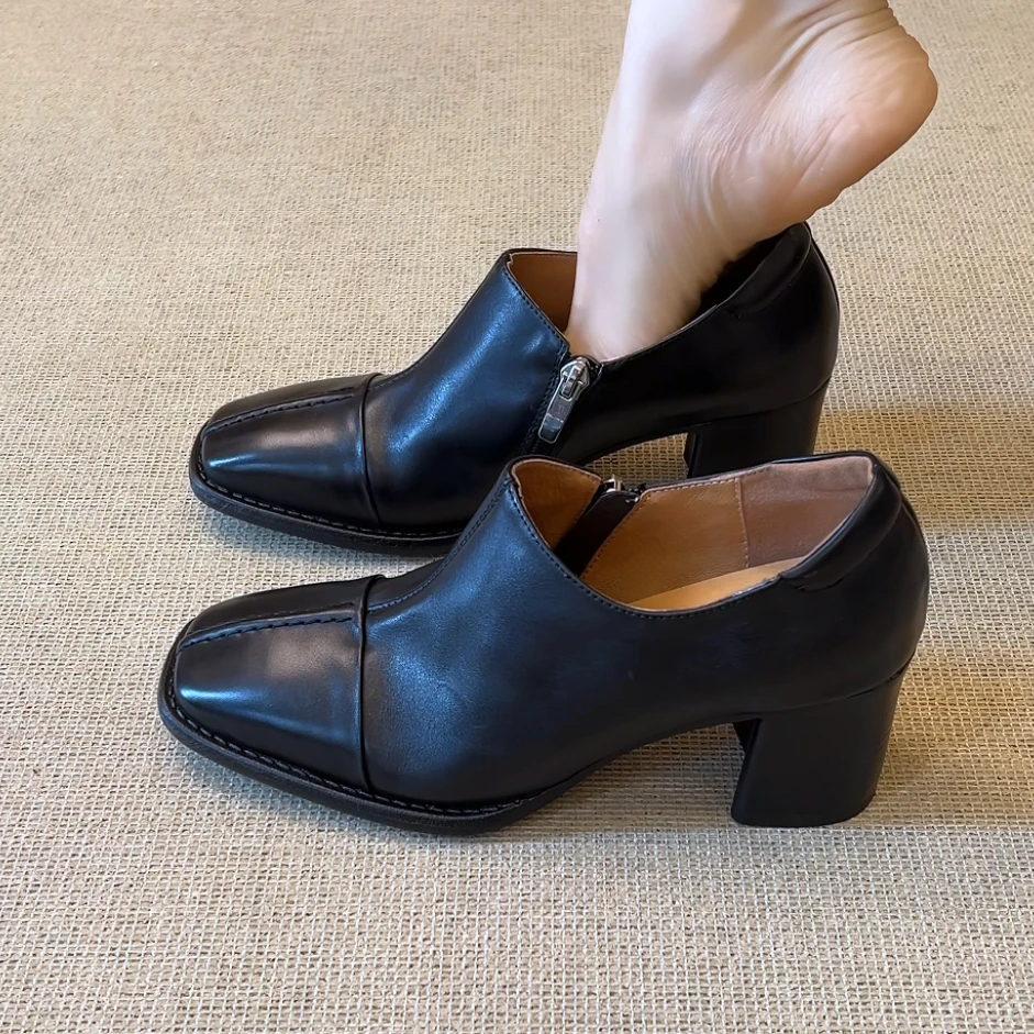RubyL/6cm小个子简约通勤气质百搭侧拉链方头深口粗跟单鞋女款